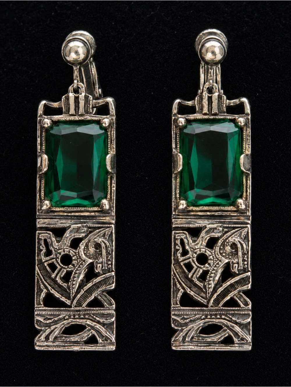Vintage Miracle Scotland Green Glass Clip On Earrings Art Deco Style